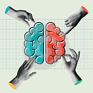 Left and right brain and hads group in retro collage vector design