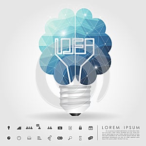 Left and right brain light bulb polygon with business icon