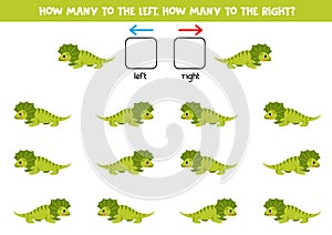 Left or right with cute cartoon frilled neck lizard. Logical worksheet for preschoolers