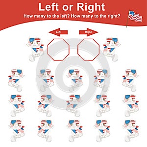 Left or right with cute and kawaii cat or kitten with 4th July theme. Counting worksheet for kids. Math game worksheet for kids.