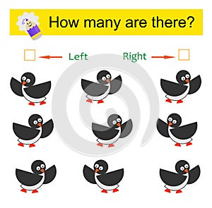 Left or Right. Educational game for kids. Count how many penguins are turned left and how many are turned right