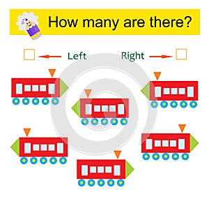 Left or Right. Educational game for kids. Count how many toy locomotives are turned left and how many are turned right