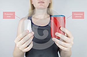 left or right. Girl chooses between eco-friendly deodorant without toxins and antiperspirant with toxic elements. In left hand photo