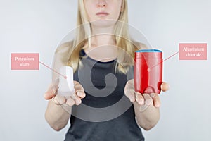 left or right. Girl chooses between eco-friendly deodorant without toxins and antiperspirant with toxic elements. In left hand photo