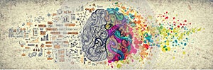 Left right human brain concept, textured illustration. Creative left and right part of human brain, emotial and logic photo