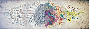 Left right human brain concept, textured illustration. Creative left and right part of human brain, emotial and logic photo