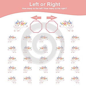 Left or Right Unicorn Game for Children. Cute unicorn math worksheet. Educational printable math worksheet.