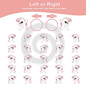 Left or Right Unicorn Game for Children. Cute unicorn math worksheet. Educational printable math worksheet.
