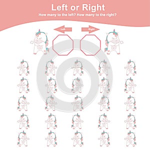 Left or Right Unicorn Game for Children. Cute unicorn math worksheet. Educational printable math worksheet.