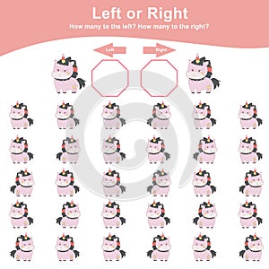 Left or Right Unicorn Game for Children. Cute unicorn math worksheet. Educational printable math worksheet.