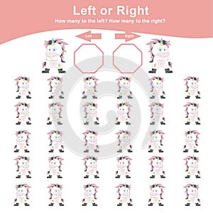 Left or Right Unicorn Game for Children. Cute unicorn math worksheet. Educational printable math worksheet.