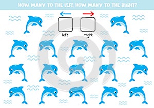 Left or right. Orientation game for kids. Cute cartoon dolphins