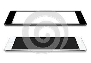 Left and right side view of black and white tablet pc with blank