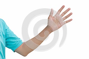 Left side hand of a man trying to reach or grab something. fling, touch sign. Reaching out to the left. isolated on white