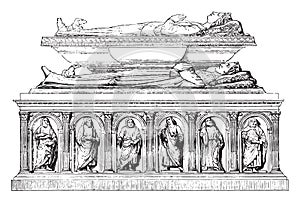 Left side of the tomb, carrying the effigies of Valentine of Milan and his son Philippe d`Orleans, vintage engraving