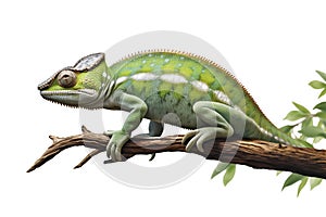 Left side view of a chameleon on top of a thin branch isolated on a clipped PNG transparent background