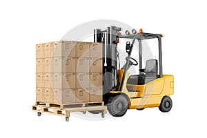 Left side view of Forklift carrying a pallet of cardboard boxes Isolated on transparent background