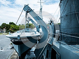 Left side of the warship with rescue boat lifted. The rescue boat to evacuate people from a vessel in an emergency