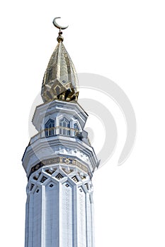 The left tower (minaret) of the mosque in a sunny day on a white background