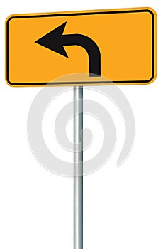 Left turn ahead route road sign perspective, yellow isolated roadside traffic signage, this way only direction pointer black arrow