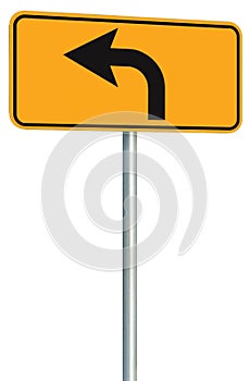 Left turn ahead route road sign perspective, yellow isolated roadside traffic signage, this way only direction pointer black frame