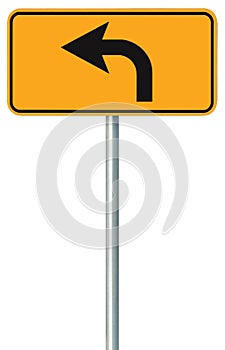 Left turn ahead route road sign, yellow isolated roadside traffic signage, this way only direction pointer, black arrow frame