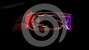 Left view of eyeware goggles colorful neon light, futuristic digital innovation concept, glow in dark background, cyber device,