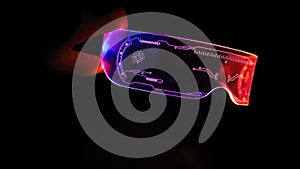 Left view of eyeware goggles colorful neon light, futuristic digital innovation concept, glow in dark background, cyber device,