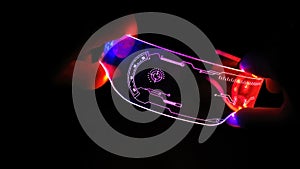 Left view of eyeware goggles colorful neon light, futuristic digital innovation concept, glow in dark background, cyber device,