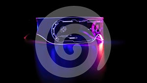 Left view of eyeware goggles colorful neon light, futuristic digital innovation concept, glow in dark background, cyber device,