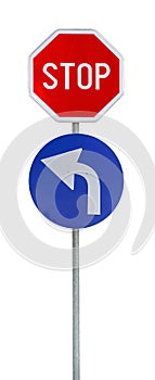 Left white and blue arrow red stop sign isolated