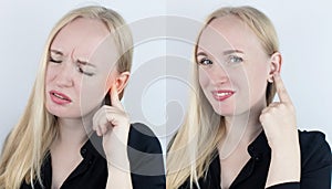 Before and after. On the left, the woman indicates ear pain, and on the right, indicates that the ear no longer hurts. Pain photo