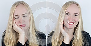 Before and after. On the left, the woman indicates teeth pain, and on the right, indicates that the teeth no longer hurts.