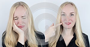 Before and after. On the left, the woman indicates teeth pain, and on the right, indicates that the teeth no longer hurts.