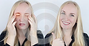 Before and after. On the left, the woman indicates teeth pain, and on the right, indicates that the teeth no longer hurts.