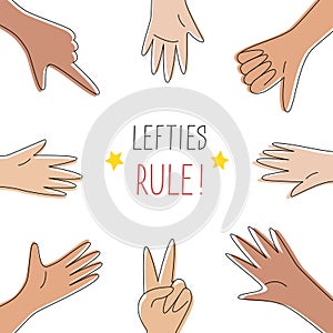 Lefties rule concept banner. August 13, International Left-handers Day celebration. Left hands organised in a circle