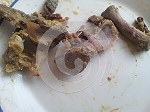 Leftover chicken bones in a white ceramic plate