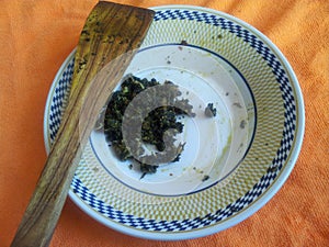 Leftover of Palak Saag in a ceramic plate with wooden spoon