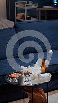 Leftover of pizza empty beer bottles and napkins on table in messy living room