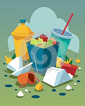 Leftover takeout containers uneaten and discarded ending up in a landfill.. Vector illustration. photo