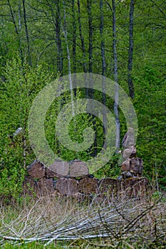 Leftovers of stone block building in summer green meadow