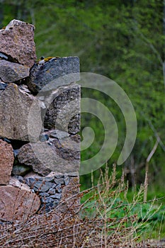 Leftovers of stone block building in summer green meadow