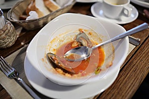 Leftovers of tomato soup with seafood