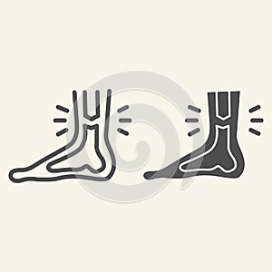 Leg ankle pain line and solid icon. Foot joint bones injury outline style pictogram on white background. Injury leg for