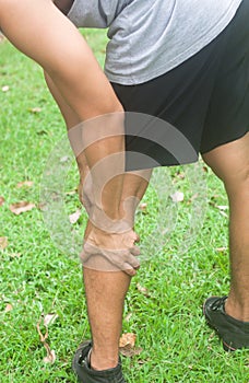 Leg calf sport muscle injury. Runner with muscle pain.