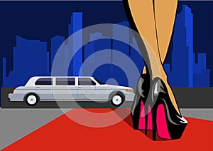 leg with city. Female legs in high heels walk on the red carpet. Vector illustration