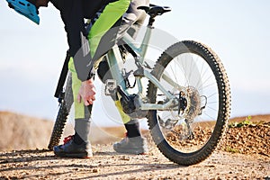 Leg, cycling and outdoor with exercise pain and injury from fitness and mountain bike training. Athlete, calf muscle and