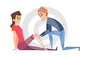 Leg injury. Woman with bandage, man help young girl. First aid surgery, male nurse and patient vector illustration