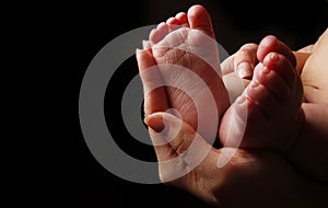 Leg newborn little baby in the mother's hands