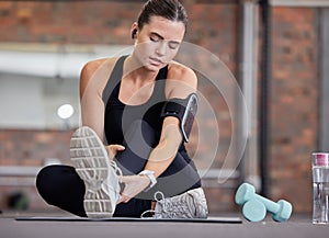 Leg pain, fitness and woman with injury in gym after accident, workout or training. Sports, health and young female